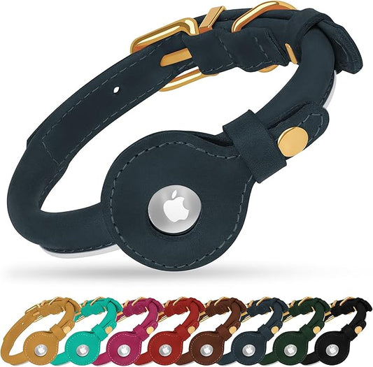 OOPSDOGGY Rolled Leather Dog Collar with Airtag Holder - Reflective Round Airtag Dog Collar - Soft Tracking Pet Collar for Small Dogs Puppy Cats Kitten (Denim, S, 10"-13")