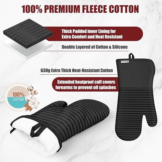 Oven Mitts and Pot Holder Sets with Silicone Grip, 500°F Heat Resistant-6 Pack Dishcloth/Dish Towels for Kitchen 100% Cotton-Value Kitchen Essentials for Cooking, Baking, Grilling-Black