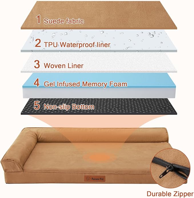 Chew Proof Dog Bed, 3" Memory Foam Dog Bed for Small and Medium Dogs, Removable and Washable Microsuede Cover, Waterproof Liner, Nonskid Bottom, 35x23 Inches M Khaki