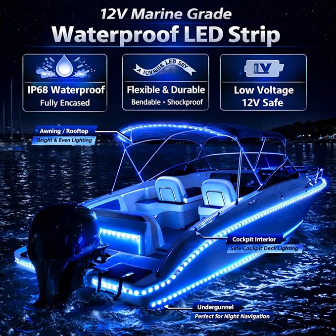 12V Marine Boat LED Light Strip Super Bright, 2 Pack 6.56FT IP68 Fully Waterproof RV Front Cap Lights, Golf Cart Underglow Roof Lights Strip for Truck ATV UTV SUV Car Pickup Trailer, Cuttable, Blue