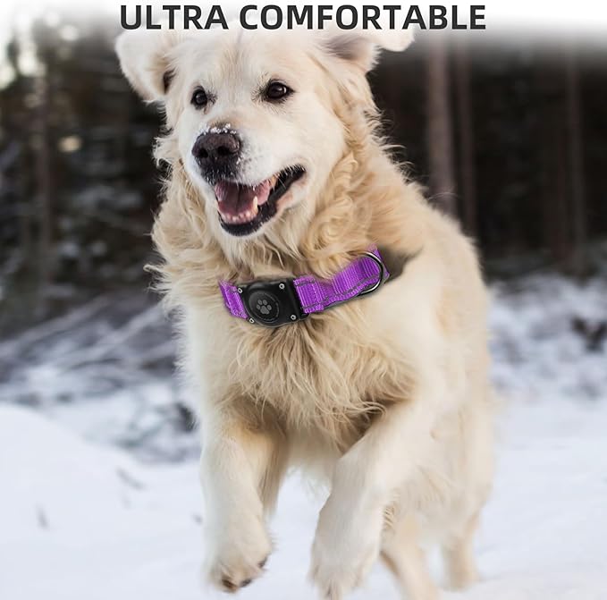 Airtag Dog Collar - 100% Waterproof Air tag Dog Collar Holder for Apple AirTag, Reflective, Soft Padded, Everlasting, GPS Dog Collar for Small Medium Large Dogs (Purple, L)