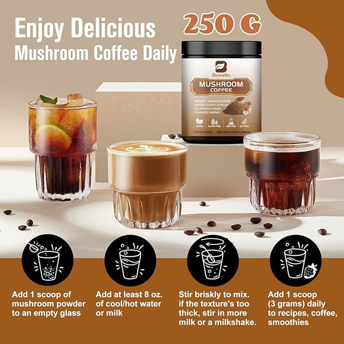 Mushroom Coffee - Lions Mane Mushroom Powder Instant Coffee with Lion's Mane, Reishi, Chaga, Cordyceps, Turkey Tail - 250g Mushroom Coffee Alternative for Energy, Mental Clarity & Focus, Brain Booster