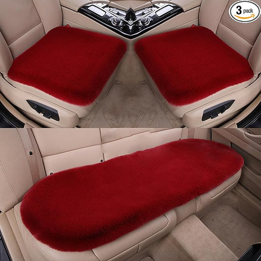 Plush Car Seat Cushion, Soft Warm Fuzzy Faux Rabbit Fur Fluffy Plush Auto Seat Cover Vehicle Car Front and Back Seat Protector Pad with Non-Slip Backing Cushion Interior Universal Fit (Red,3PCS)