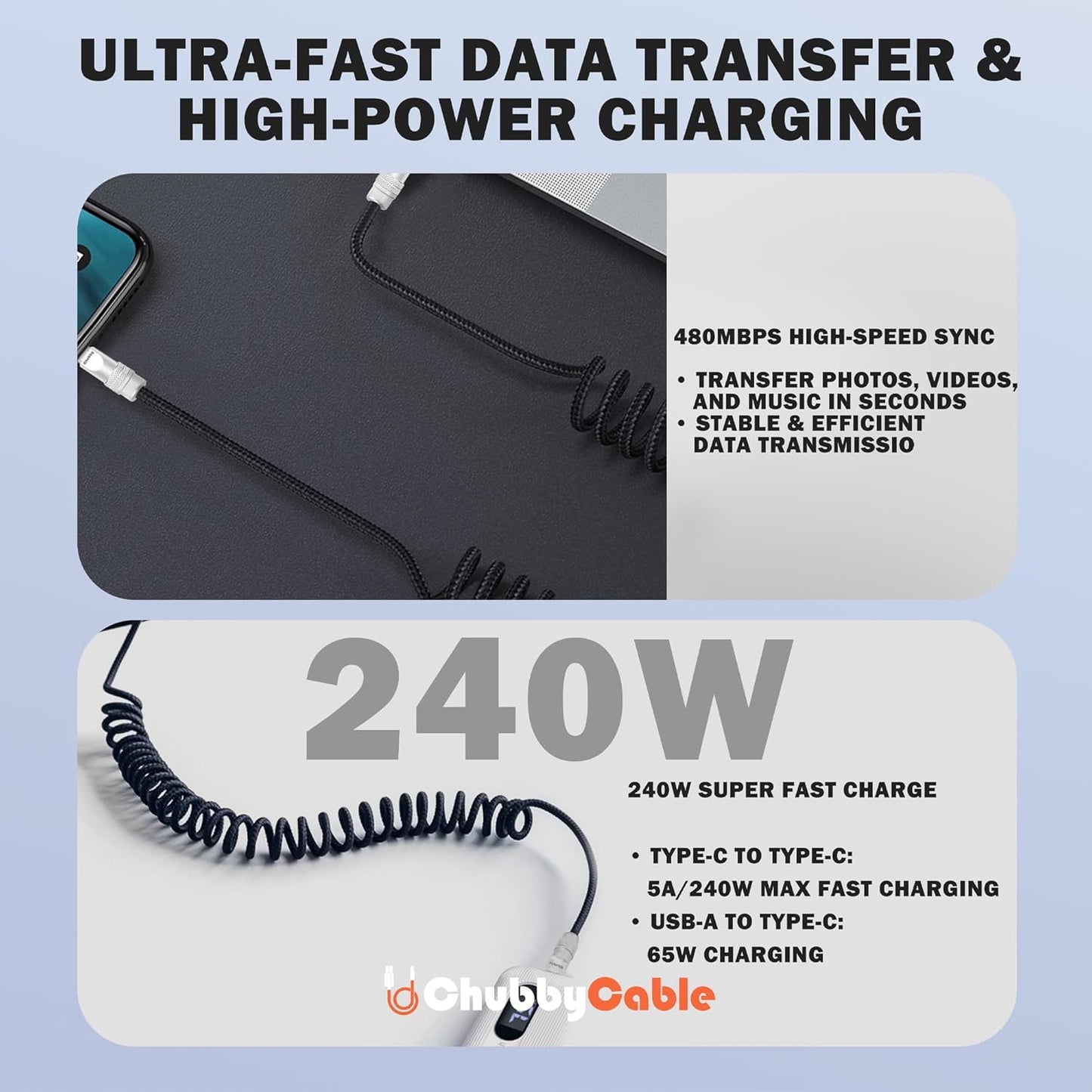 chubbycable Curly Chubby - Retractable Fast Charging Cable 240W Coiled Charger Cord for Car Durable USB-C Cable for Phones, Tablets and More, Yellow, Type-C to Type-C, 1.3FT-2.3FT