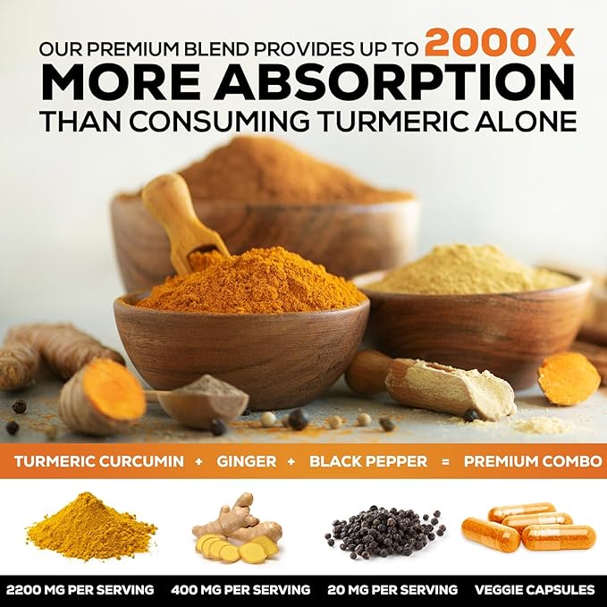 Turmeric Supplement Curcumin 2600mg - with Organic Ginger & Turmeric, BioPerine Black Pepper Extract 95% Curcuminoids - Advanced Absorption Antioxidant & Joint Support - Vegan - 60 Capsules