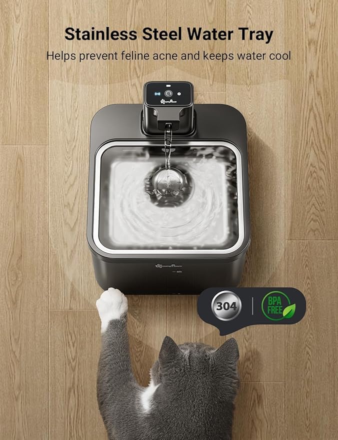 DownyPaws Cat Water Fountain Stainless Steel Cordless, 84oz/2.5L Fursink Wireless Pet Water Fountains for Cats Indoor, Battery Operated Cat Drinking Fountain, Ultra Quiet Pump, BPA-Free, Black