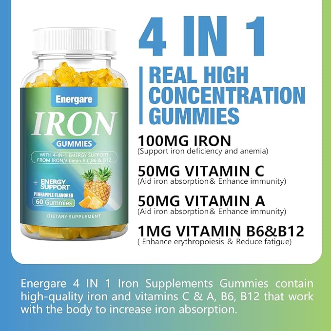 1 Pack Vegan 100Mg Iron Supplement Gummies for Women & Men - Vitamin A, C, B - Energy Support for Iron Deficiency, Anemia, Adults ＆Children, Pineapple Flavor Gummy, 60 Counts