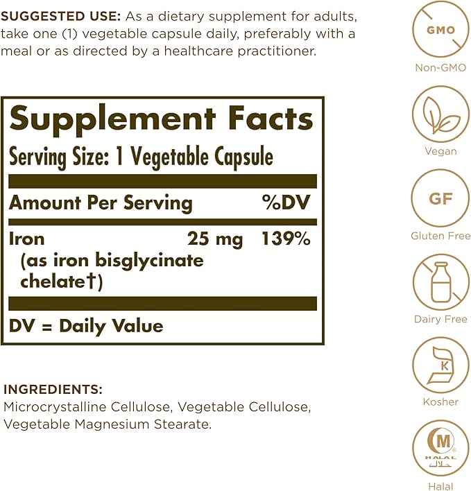 Solgar Gentle Iron (Iron Bisglycinate) 25 mg - 180 Vegetable Capsules, Pack of 3 - Non-Constipating, Gentle on Your Stomach - Non-GMO, Gluten Free - 540 Total Servings