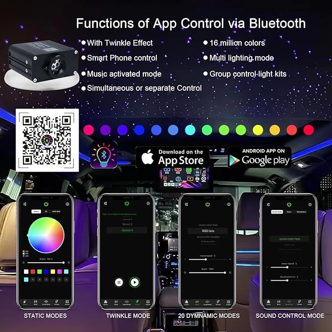 AKEPO 16W Small Size RGBW Twinkle Fiber Optic Lights kit, 200pcs 0.03in 9.8ft/3m Optical Fiber + APP Control+ Music Activated Starlight Headliner Kit for Car/Star Ceiling Light for Home