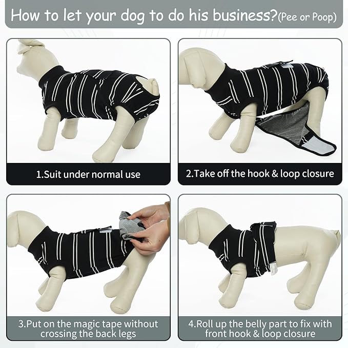 Kuoser Dog Surgery Recovery Suit for Female Male Dogs, Stripes Spay Neuter Anti-Licking Dog Onesie, Surgical Suit Snugly Pet Post Surgery Vest Bodysuit for Abdominal Wounds Skin Disease, Black S