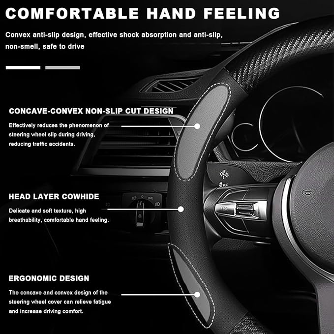 Car Breathable Steering Wheel Cover, Carbon Fiber Wear-Resistant D Shape Steering Wheel Protector for Comfy Grip, Universal Non-Slip Leather Wheel Sleeve for Most Car SUV Truck (Black)