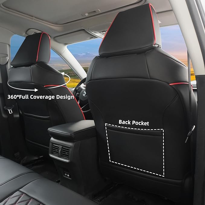 Lolcar RAV4 Seat Covers Custom Fit for Toyota RAV4 2019 2020 2021 2022 2023 2024 2025 LE,XLE,XLE Premium,Limited,Airbag Compatible,Seat Cover Full Set for SUV, Waterproof Leather（Black with Red Trim）