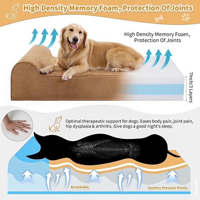 Orthopedic Dog Beds for Large Dogs, 7" Memory Foam Dog Beds with Waterproof Liner, Chew Proof Microsuede Cover, Removable and Washable, Nonskid Bottom, 60"x48" XXL Khaki