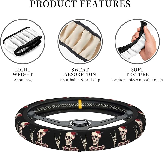 Hippie Skeleton Steering Wheel Cover Women, Comfortable Elastic Steering Car Wheel Cover Fit 15 inches Universal Accessories Suvs Trucks Decor