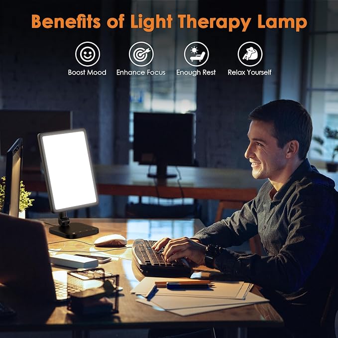 Light Therapy Lamp，UV-Free 12000 Lux Sun Lamp with Adjustable 5 Brightness & 1800-6500K Color Temperatures & 1H Timer Functions，Rotable Large Surface with One-toch MAX Brightness Sunlight Lamp