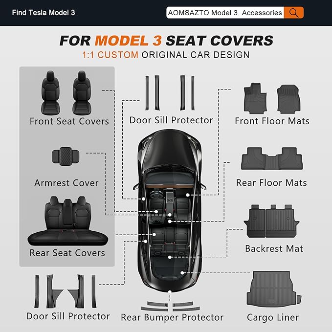 AOMSAZTO Seat Covers for Model 3 2024 2025 (Not Performance)-Full Set Leather Waterproof Car Seat Covers Airbag-Ready Design for Tesla Model 3(with Armrest & Rear Door Pads Cover)-White