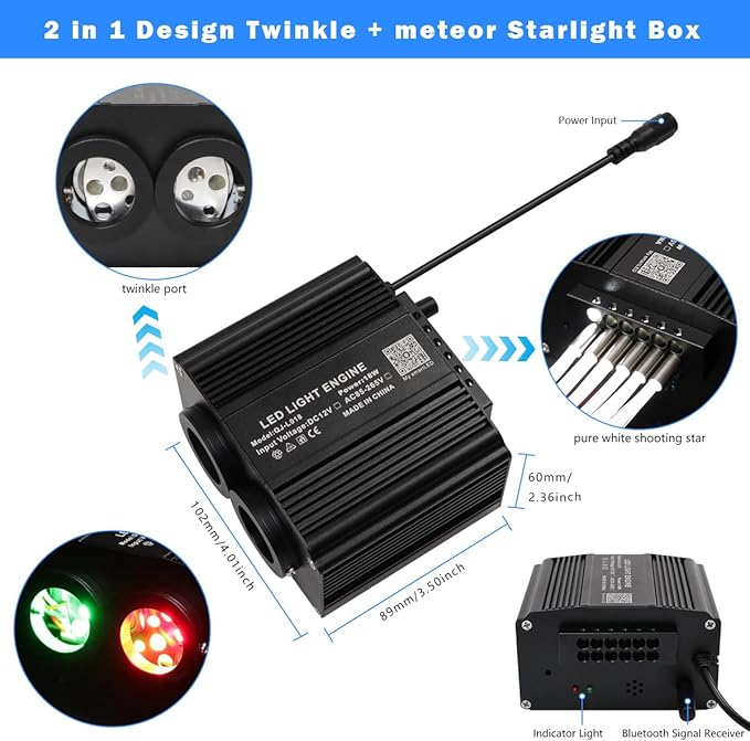 AMKI Dual Color 18W Twinkle&Meteor Starlight Headliner Kit 1000pcs 0.03in 9.8ft+240pcs Pure White Shooting Star,Updated 2 in 1 Starlight Box RGBW Sound Activated Mode for Car Home Decor