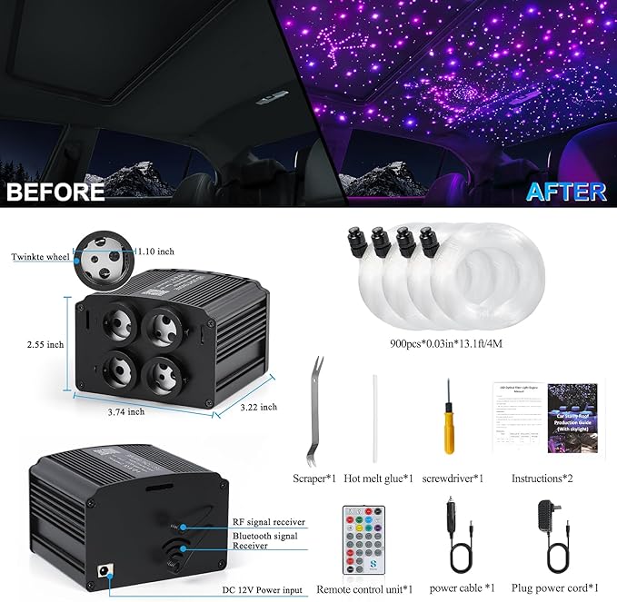 4 Colors 32W Twinkle Starlight Headliner Kit for Car Home with APP&RF Remote,RGBW 900pcs*0.03in*13.1ft Cables Fiber Optic Star Sky Roof Lights,4 Port Engine Sound Activated Car Ceiling Star Lights