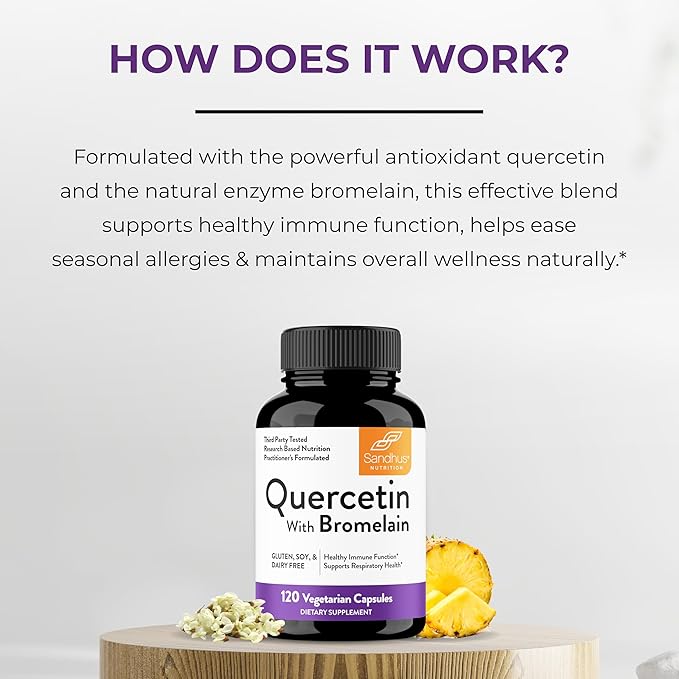 Sandhu's Quercetin with Bromelain Supplement - 1000mg Per Serving 120 Vegetarian Capsules (Pack of 3) - Bioflavonoids Quercitin Complex for Immune Support & Respiratory Health