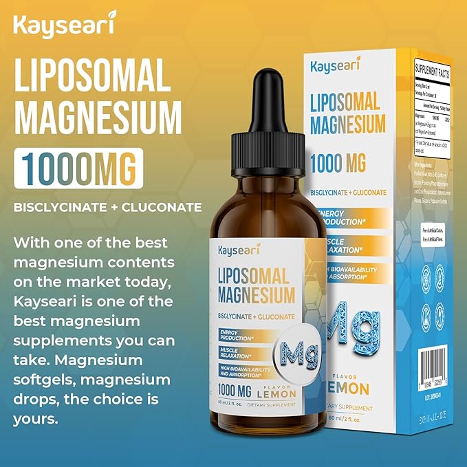 High Strength Liposomal Magnesium Drops, Easily Absorbed Chelated Forms of Magnesium Bisglycinate and Magnesium Gluconate, 60ML Lemon Flavored Liquid Drops