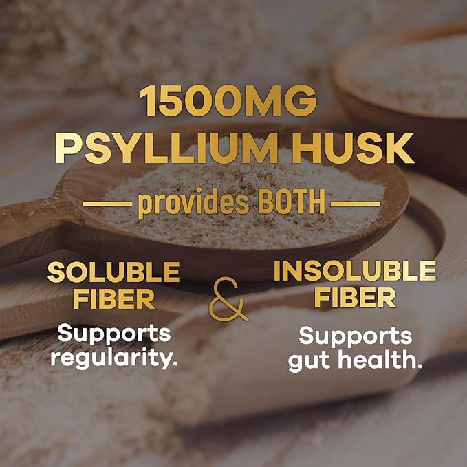 Psyllium Husk Fiber Supplement 1500mg, Natural Daily Soluble & Insoluble Fiber Pills, Psyllium Husk Powder Capsules Supports Digestion Colon Health & Regularity, Plant Based Supplement - 120 Capsules