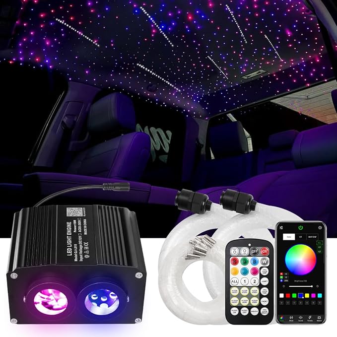 AMKI Dual Color 18W Twinkle&Meteor Starlight Headliner Kit 700pcs 0.03in 9.8ft+240pcs Pure White Shooting Star,Updated 2 in 1 Starlight Box RGBW Sound Activated Mode for Car Home Decor
