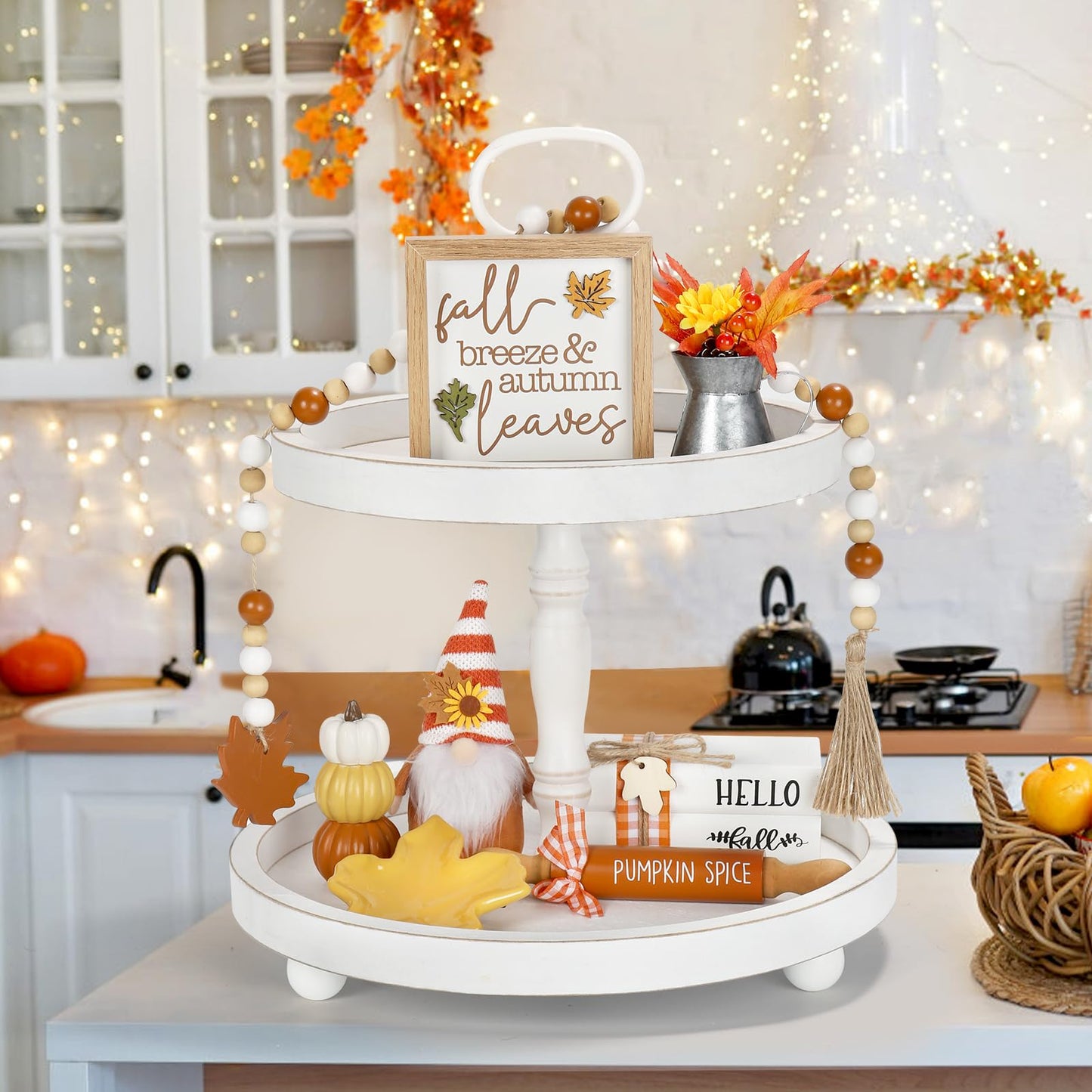 Fall Decorations, 8 PCS Fall Tiered Tray Decor Set, Thanksgiving Harvest Table Centerpiece Pumpkin Gnome Fake Plant Maple Autumn Farmhouse Wood Sign, Indoor Tabletop Decor for Home Office Shelf Mantel