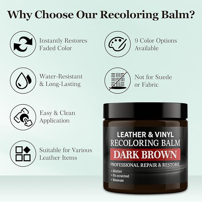 Leather Color Restorer, Leather Recoloring Balm, Scratch Remover, Leather Dye, Leather Paint with Leather Conditioner, Leather Repair Kit for Furniture Couches Car Seats Shoes, Dark Brown