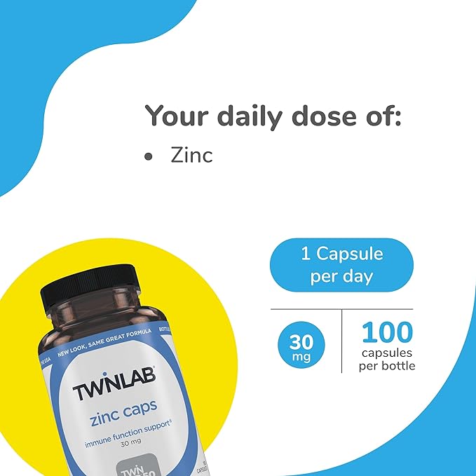 Twinlab Zinc Caps - Immune Support Supplement - Zinc Picolinate & Zinc Gluconate - Pure Zinc Supplement for Immune Defense, Healthy Skin, DNA Synthesis, Metabolism and Growth - 30mg, 100 Caps - 2 Pack