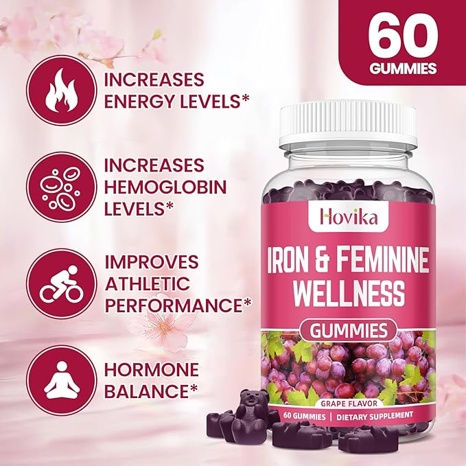 Iron for Women Gummies, 40mg Iron Supplement Anemia with multivitamin for Women, Zinc, Selenium, Iodine - for Iron Deficiency - Natural Hormonal Support for PMS, Grape Flavour, 2 Pack