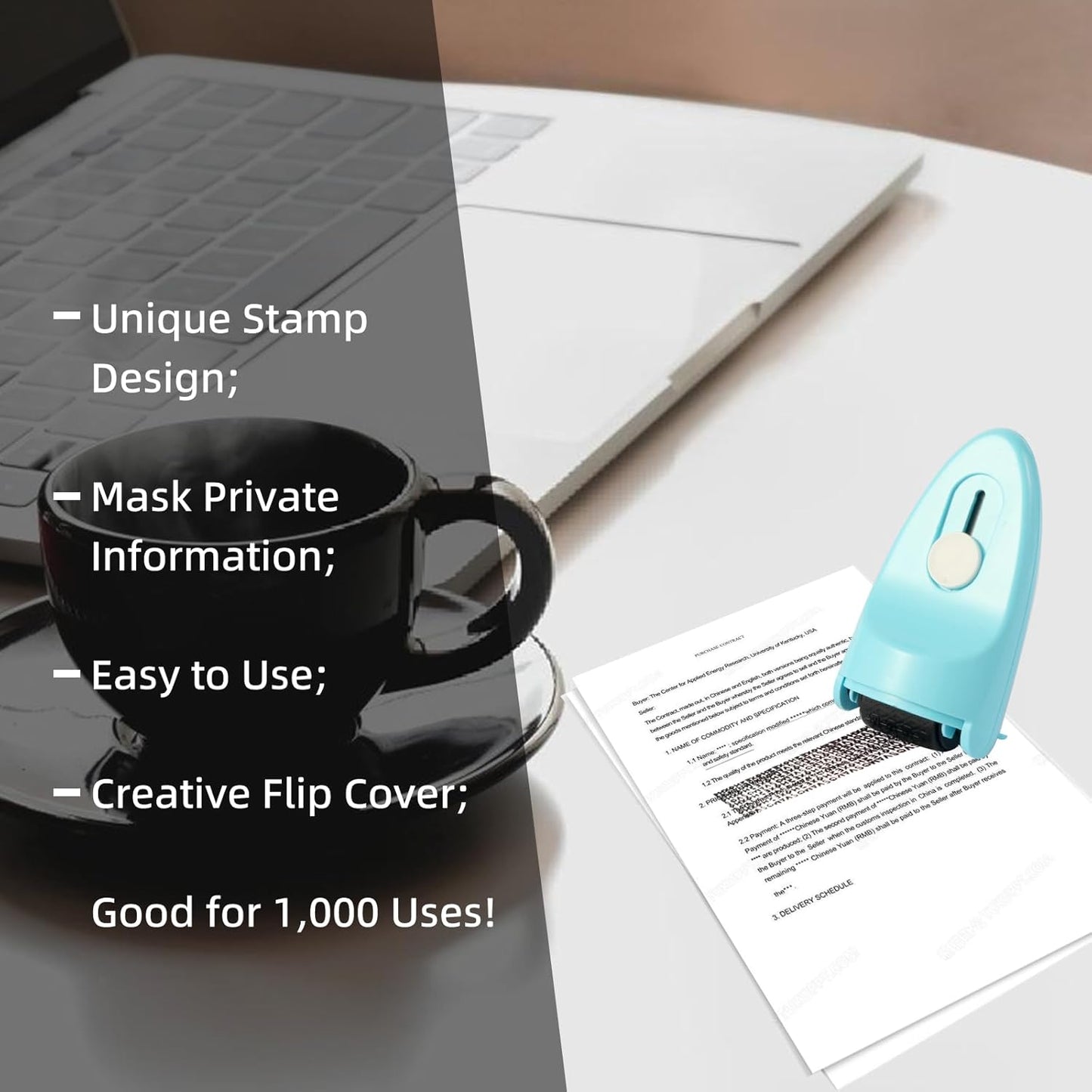 Wide Identity Theft Protection Roller Security Stamp 2Packs - Guard Your ID Well, Built-in Cutter & Unique Flip Cover, Compact Privacy Safety Tool for Document, Mail, etc. (BU/PU)