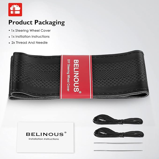 BELINOUS Leather Steering Wheel Cover Lace Up, Embossed Steering Wheel Wrap Fit for 13 3/4-16 Inch Car, Stitch on Wrap DIY w/Needle Thread (Size L4, Black)