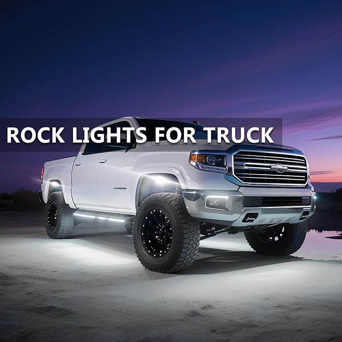 8 Pods Pure White LED Rock Lights, IP68 Waterproof Aluminum 6500K Bright White Underglow Light with Extension Cord Harness,12V Metal Fender Lights for Jeeps Trucks Off Road UTV ATV Car Golf SXS Etc