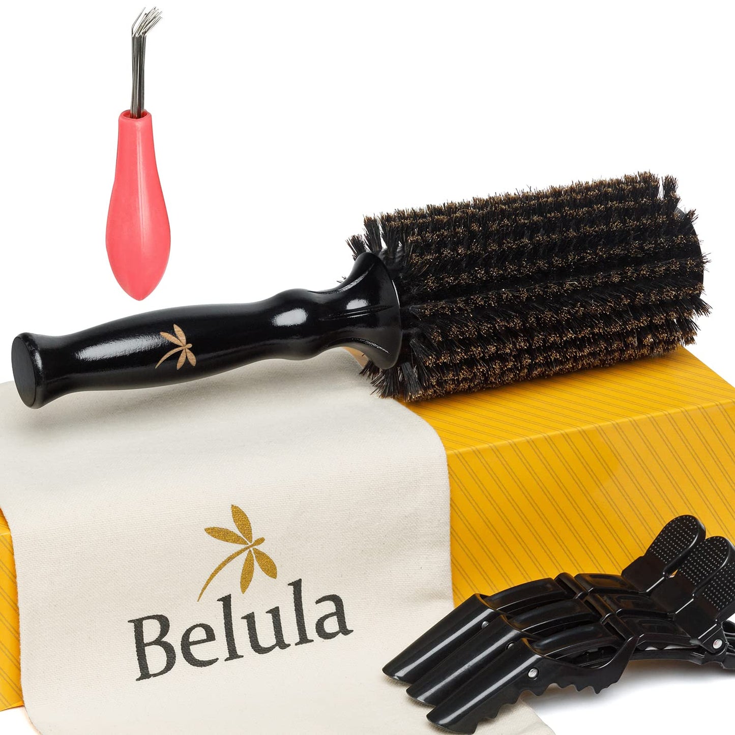 Belula 100% Soft Boar Bristle Round Brush For Blow Drying Set. Round Hair Brush With Large 2.4    Wooden Barrel. Hairbrush Ideal