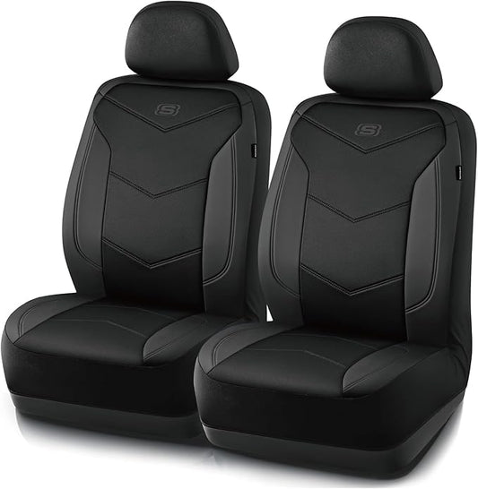 Skechers Memory Foam Seat Covers,Leather Car Seat Covers, Ultimate Comfort & Support Front Seat Covers Airbag Compatible, Automotive Universal Fit Most for SUVs, Vans, Sedans, Cars, Trucks,Black