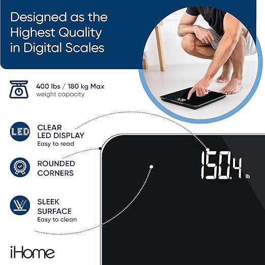 iHome Digital Scale, Bathroom Scale, Batteries Included, Scale Body Weight, Weight Scale, Digital Scale, Bathroom Scales for Weight, Digital Scales for Body Weight, Weight Scales Bathroom (Black)