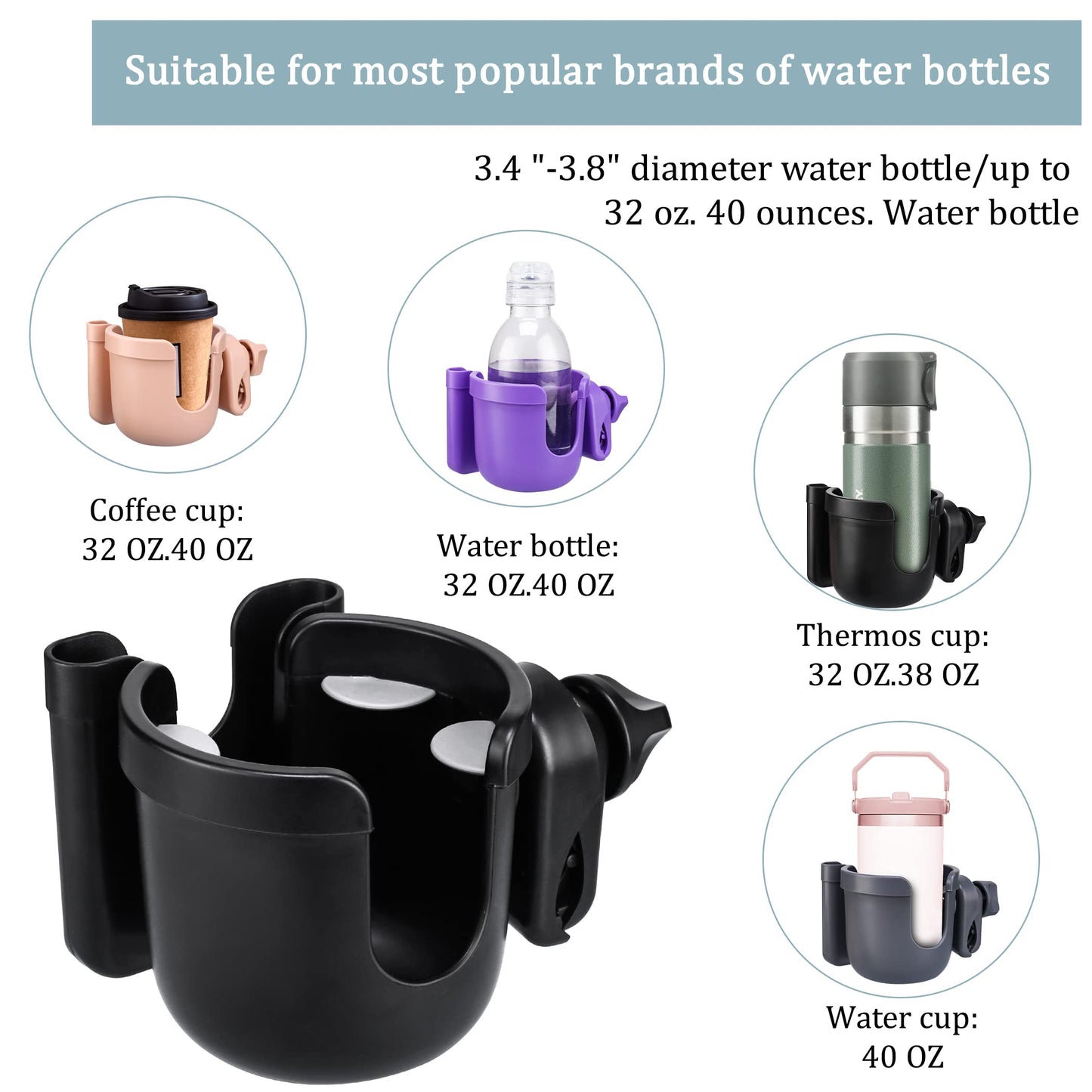 Suranew Universal Stroller Cup Holder, Adjustable Drink Holder with Phone Holder for Baby Stroller, Wheelchair, Walker, Bike, Scooter, Gifts for Family Member.