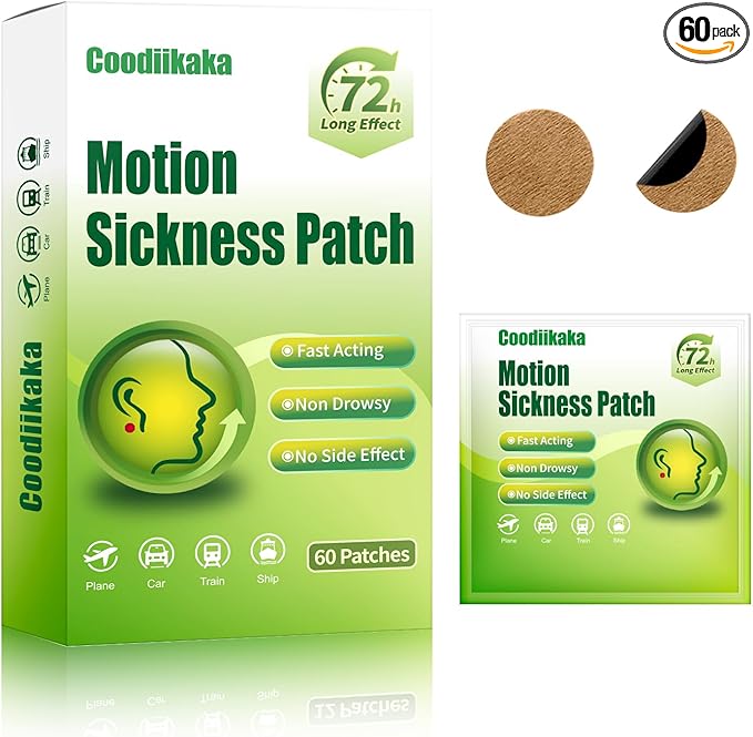 Motion Sickness Patches Non-Drowsy Formula Prevents Car, Airsick, Altitude Sickness, Sea & Motion Rides Travel Essentials for Adults & Kids Long-Lasting up to 72 Hours (60Pcs)