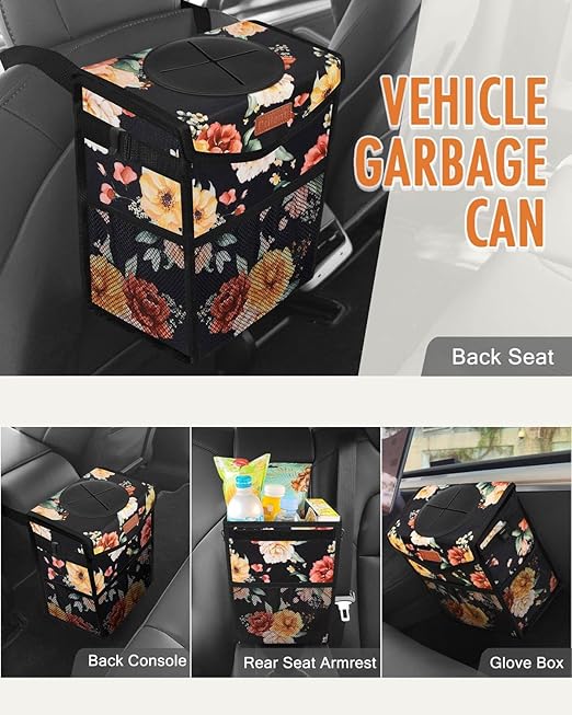 Pritent Car Trash Can with Lid, Cute Leakproof Car Trash Garbage Bag Hanging Vehicle Trash Bin Small Portable Automotive Garbage Cans Organizer for Back/Front Seat/Console(Trapezoid,Rose)