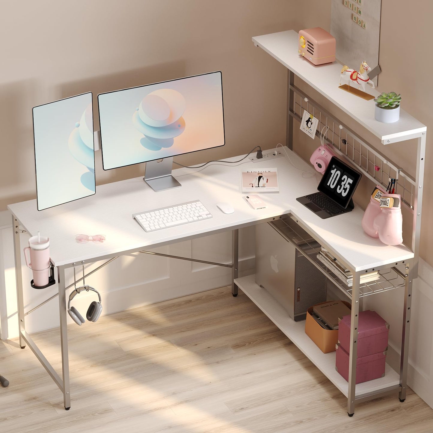 Bestier Gaming Desk 51" L-Shaped, with Power Outlets & LED Lights- 4 Tier Shelves, Reversible Gamer Table with Hooks & Cup Holder for Home Office,Carbon Fiber White