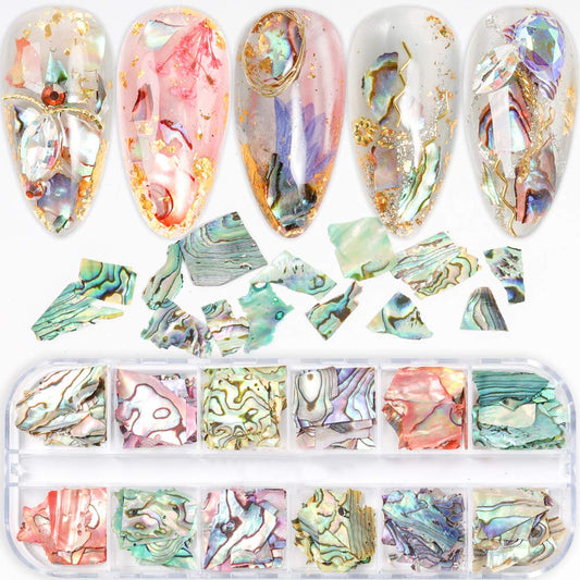 12 Colors Sea Nail Art Charm Decorative Stickers Irregular Abalone Seashell Slices Sequins Design, 3D Nail Art Shell Piece Decor