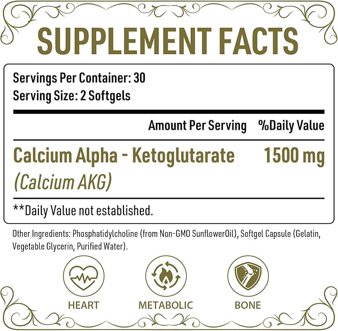 Liposomal Calcium AKG Supplement 1500 MG (Alpha-Ketoglutaric Acid), High Absorption, More Effective Than AAKG, Ca AKG for Longevity, Age Defense, Cellular Energy, Metabolic Function, 600 Softgels