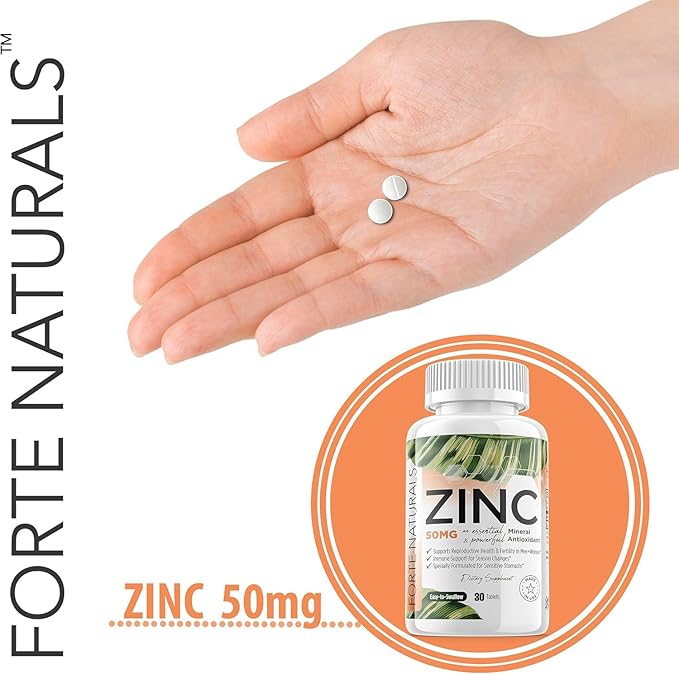 Zinc 50mg, (30 Tablets), Specially Formulated for Sensitive Stomach, Immune Support, Skin & Hair, Vegan Zinc Supplement, Non-GMO Made in USA