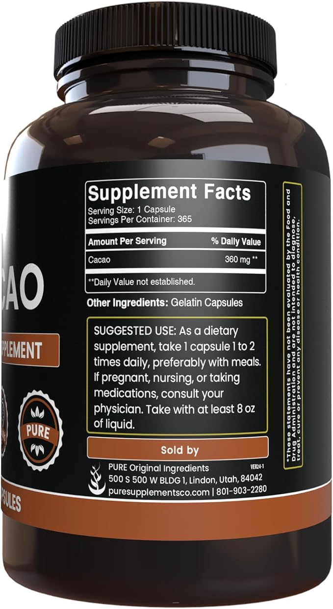 Pure Original Ingredients Cacao (365 Capsules) No Magnesium Or Rice Fillers, Always Pure, Lab Verified