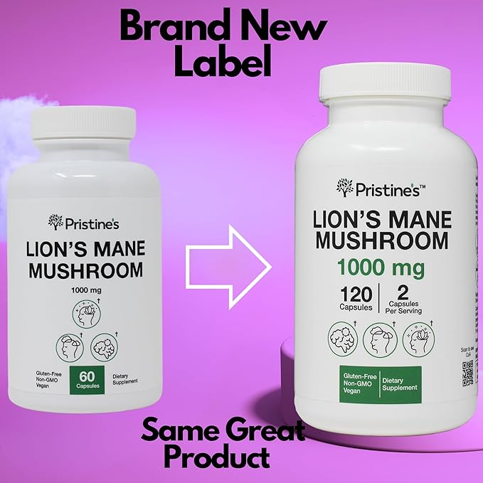 PRISTINE'S Lion's Mane Mushroom 1000mg (2 Pack) Brain Memory & Focus Adaptogen Supplement - 120 Day Supply - Cognitive Function & Immunity Health Memory Supplements for Adults - Vegan - Non-GMO