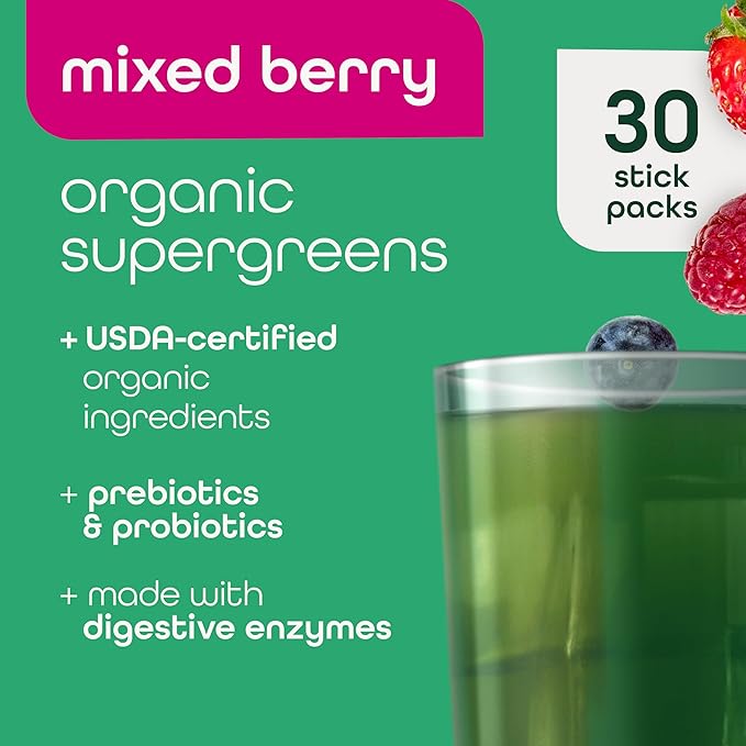 Organic Super Greens Powder, 70+ Superfoods, 0 Sugar, 3G Fiber, Spirulina, Chlorella, Antioxidants, Prebiotics/Probiotics, Digestive Enzymes, Mixed Berry, 30 Drink Mix Packets