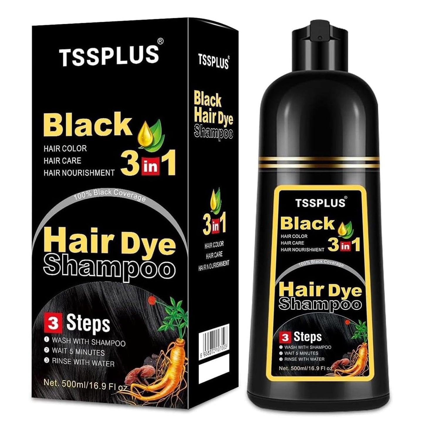 Tssplus Black Hair Dye Shampoo, 500Ml - Organic Natural Hair Color Dye Shampoo For Women & Men, Instant Gray White Hair Cover, P