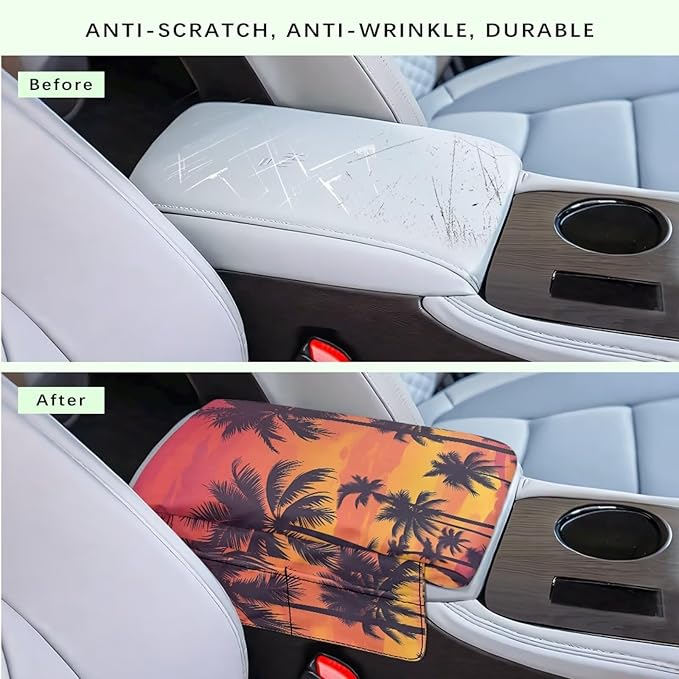 Dreaweet Palm Tree Print Center Console Armrest Cover with Side Pockets Thick Armrest Cover for Car Truck SUV Van,Soft Non-Slip Car Arm Rest Cover Pad
