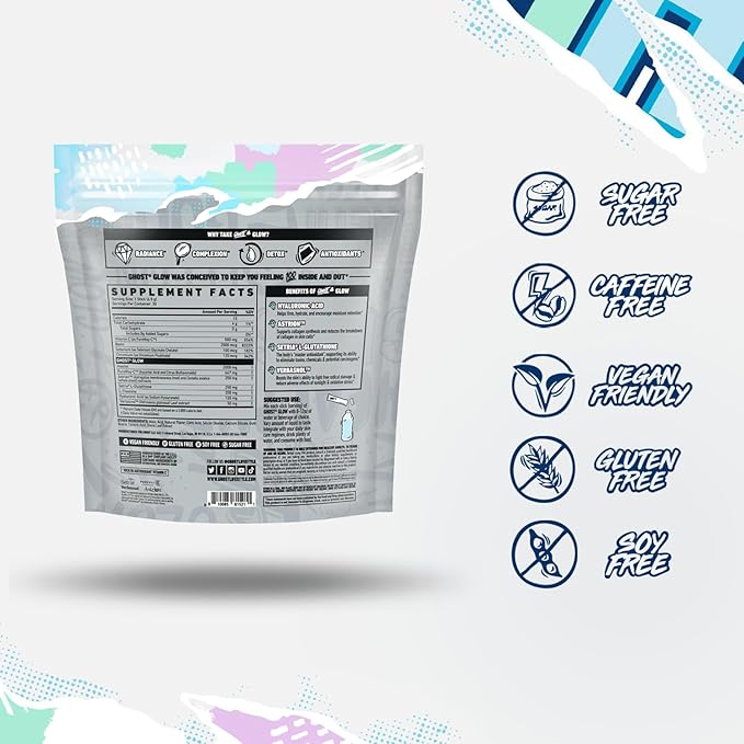 GHOST Glow Sticks: Beauty and Detox Supplement - 30 On-The-Go Stick Packs, Pina Colada - Hyaluronic Acid, Biotin & L-Theanine for Skin-Boosting Support – Sugar Free, Gluten Free