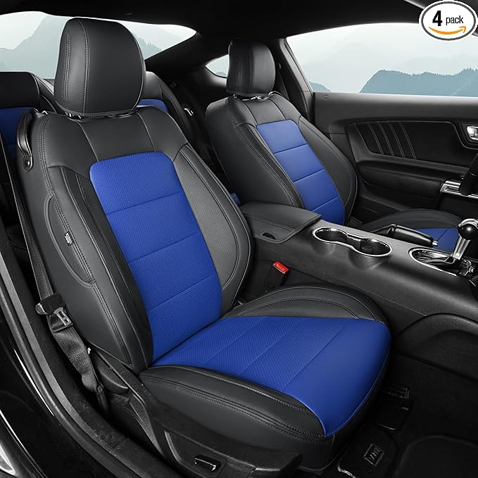 GIANT PANDA Customized Full Set Car Seat Covers Fit Ford Mustang Coupe Hardtop 2015 2016 2017 2018 2019 2020 2021 2022 2023 2024 2025 2026- (Black+Blue)